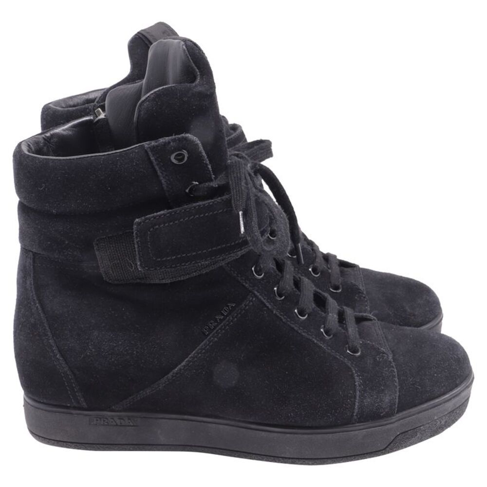 Prada Sport High-Top Wedge Sneakers in Black Suede - Picture 2 of 9